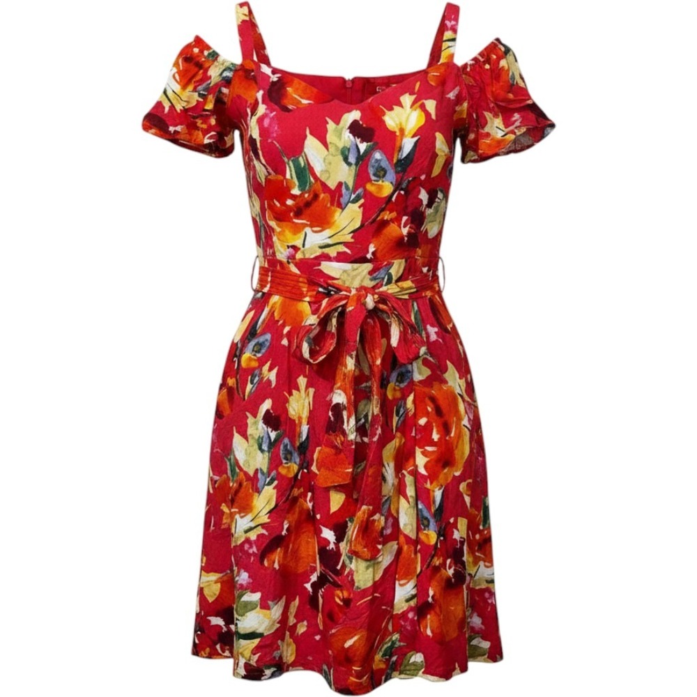 Guess Womens Floral Cold Shoulder Dress Red Multi Color A-Line Large - Picture 1 of 7